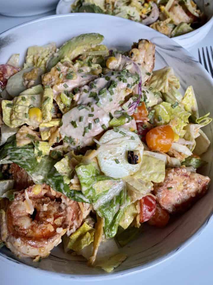 southwest shrimp salad mixed with creamy salsa dressing