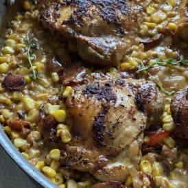 one pan chicken bacon creamy corn closeup