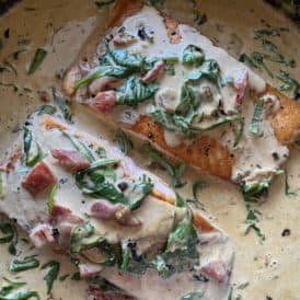 creamy garlic salmon in the pan