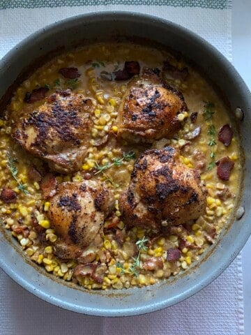 one pan chicken bacon creamy corn thighs