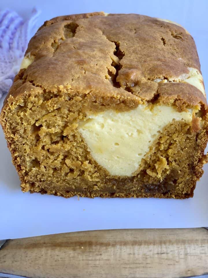 Pumpkin Chocolate Chip Bread with Cream Cheese Swirls - Drive Me Hungry