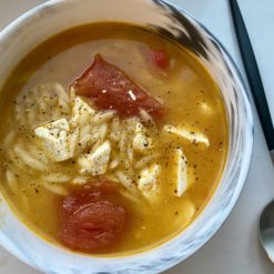 tomato feta soup in a bowl