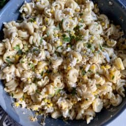 creamy corn crab ricotta pasta in the pan