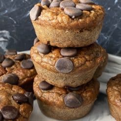 flourless banana chocolate chip muffins stacked