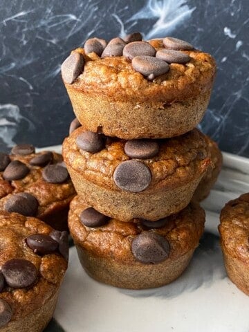 flourless banana chocolate chip muffins stacked