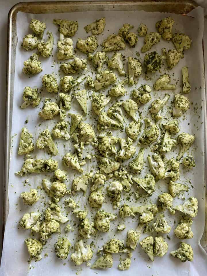 pesto cauliflower in pan