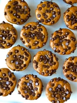 pumpkin chocolate muffins over tops