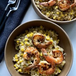 spicy shrimp with creamy corn rice bowls