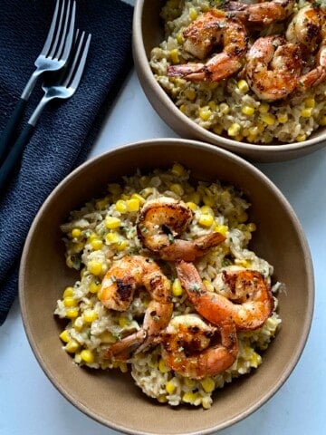 spicy shrimp with creamy corn rice bowls