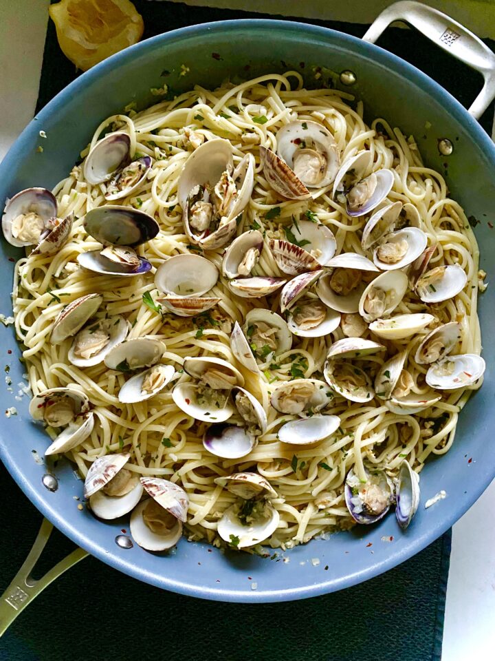 linguine with clam sauce in the pan