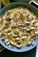 linguine with clam sauce in the pan