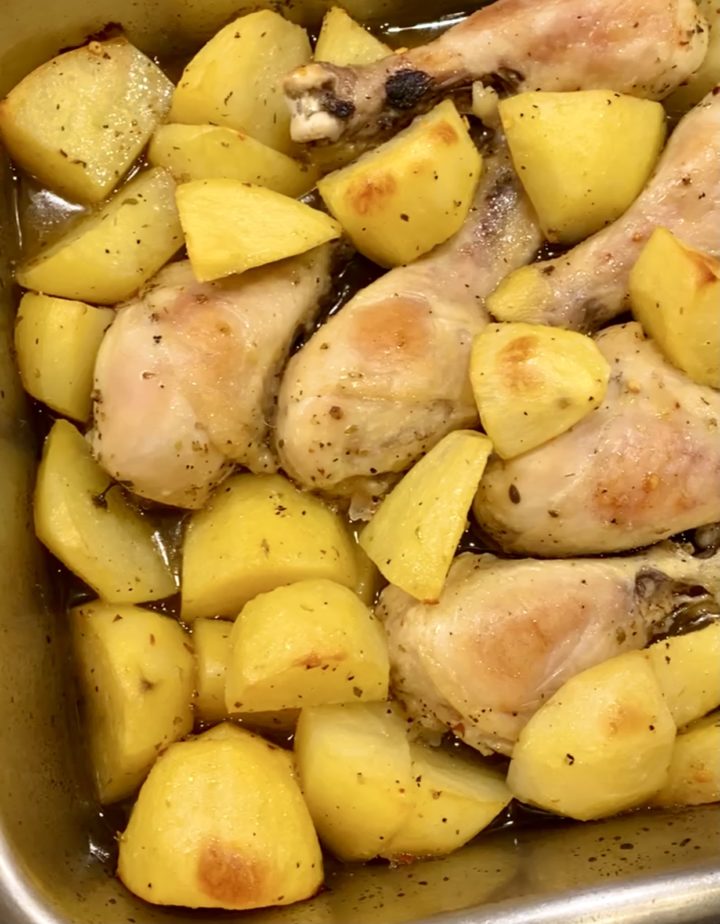 greek lemon chicken and potatoes close up