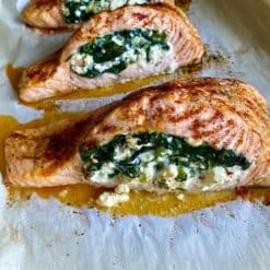 spinach and feta stuffed salmon in the pan