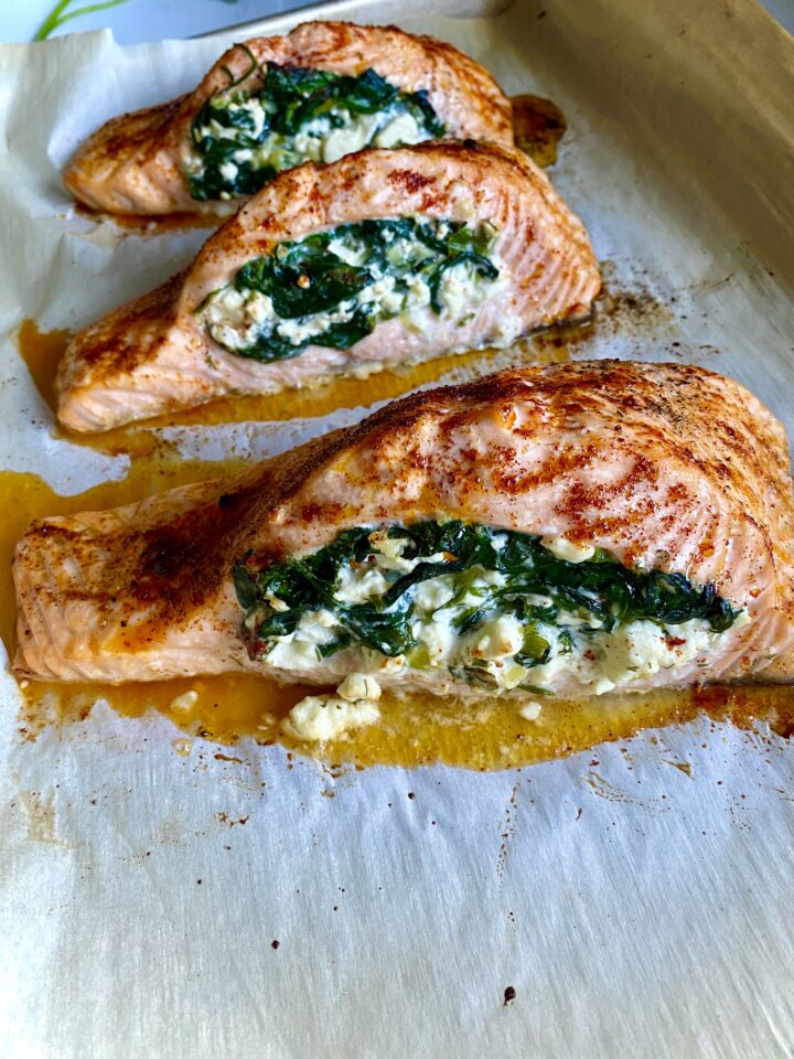 spinach and feta stuffed salmon in the pan