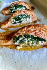 spinach and feta stuffed salmon in the pan