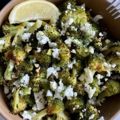 5 minute skillet broccoli and feta in a bowl