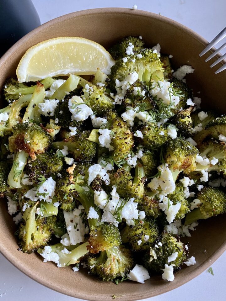 5 minute skillet broccoli and feta in a bowl