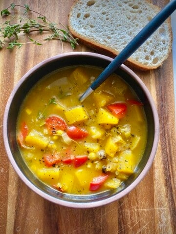 chunky butternut squash soup plated