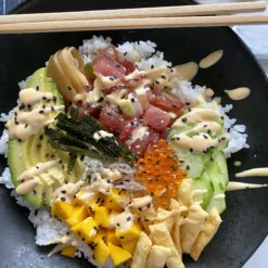 tuna poke bowl with chopsticks