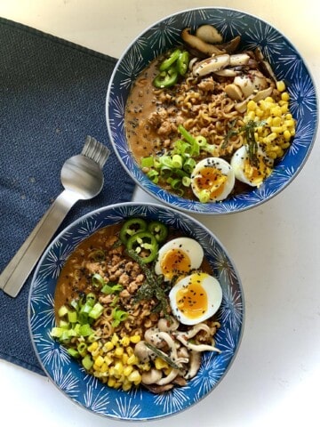 spicy pork ramen bowls plated