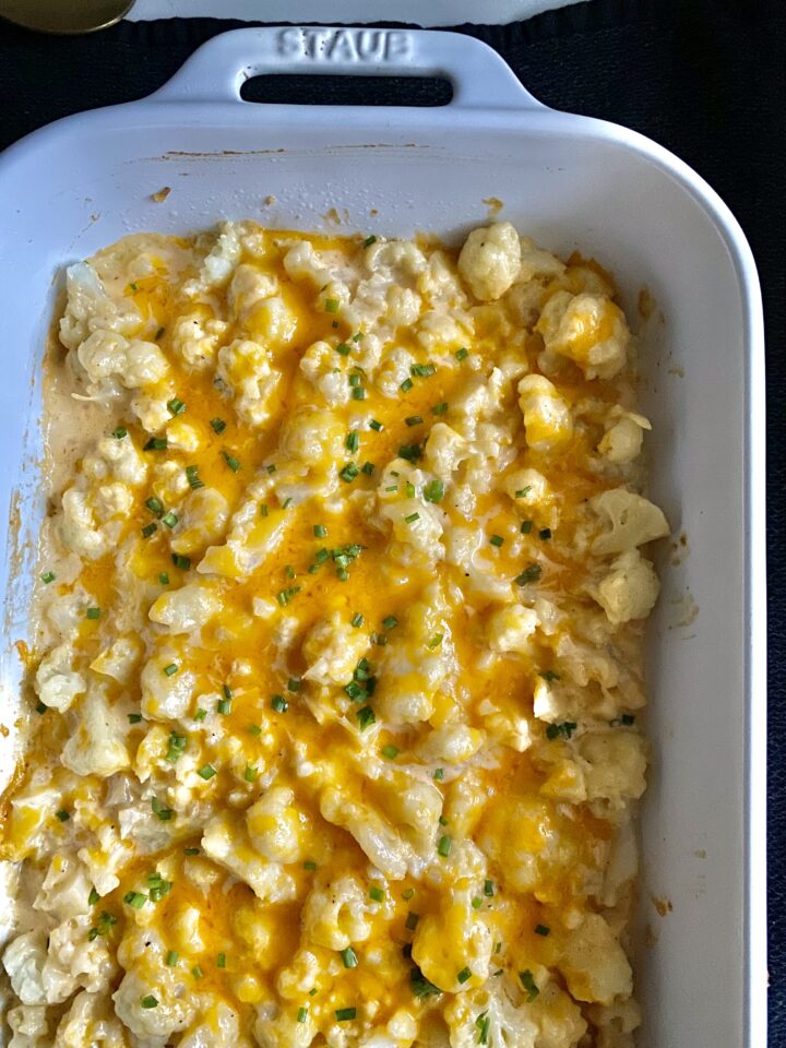baked cauliflower mac and cheese in the pan
