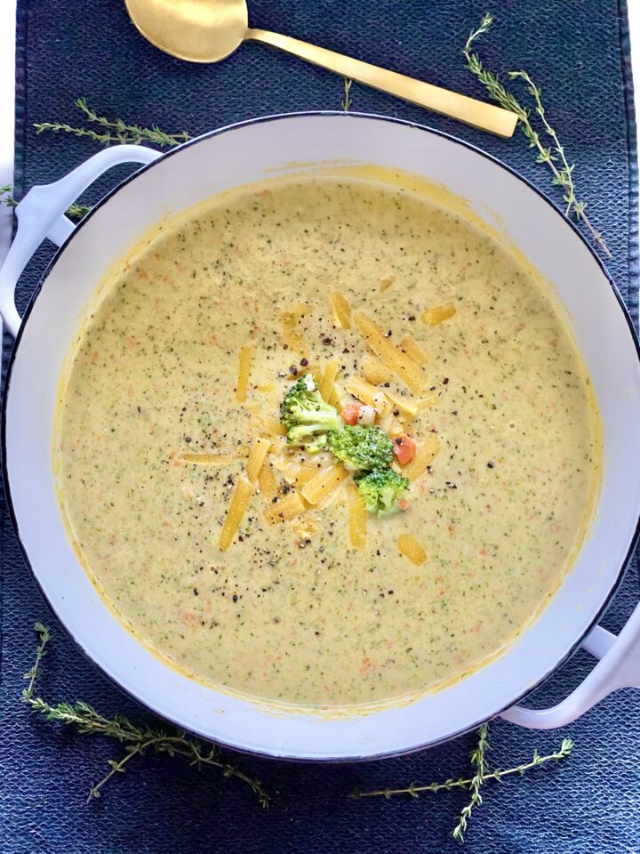chicken broccoli cheddar soup in a pot