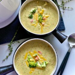 chicken broccoli cheddar soup in two bowls