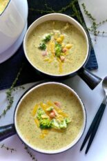 chicken broccoli cheddar soup in two bowls
