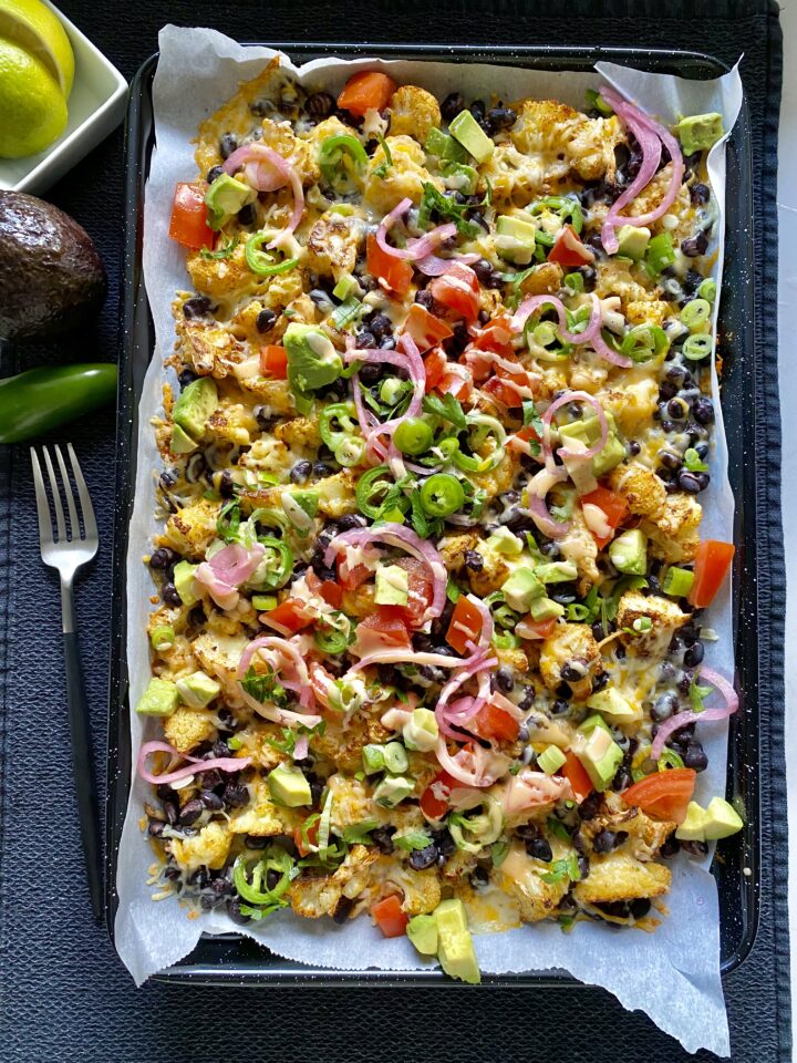 cauliflower nachos in the pan