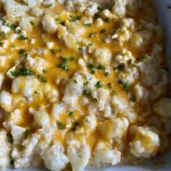 baked cauliflower mac and cheese close up