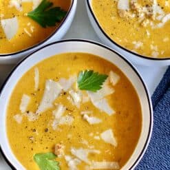 pumpkin sausage soup in bowls