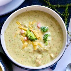 chicken broccoli cheddar soup close up and creamy