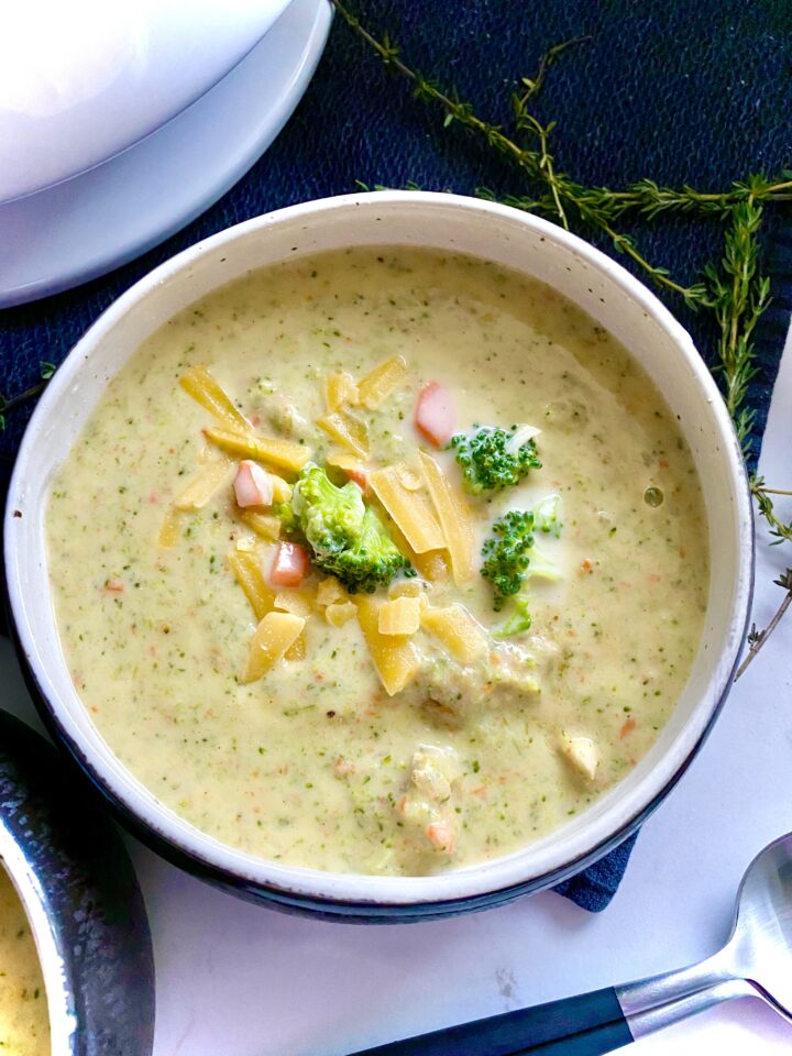 chicken broccoli cheddar soup close up and creamy