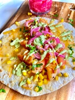 chopped shrimp tacos with avocado crema