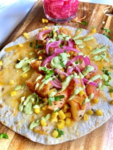 chopped shrimp tacos with avocado crema