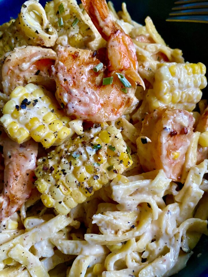 creamy shrimp pasta and corn