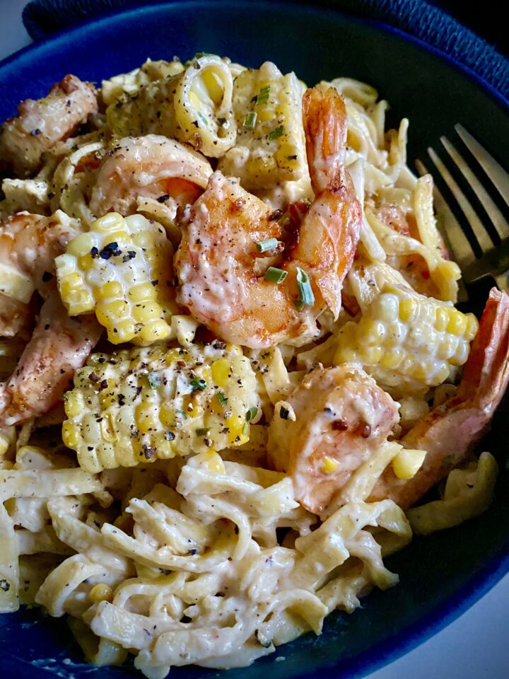 creamy shrimp pasta with corn