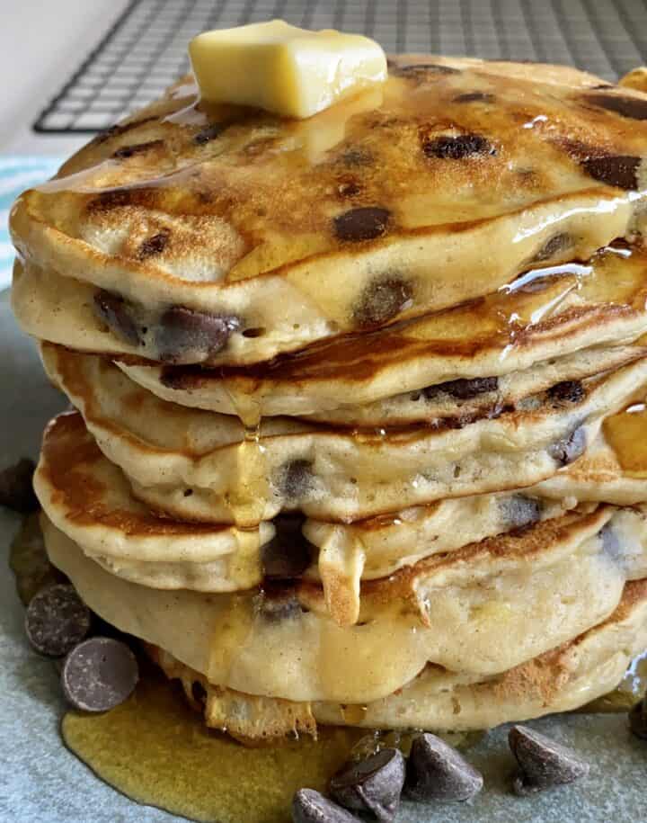 banana chocolate chip pancakes dripping syrup