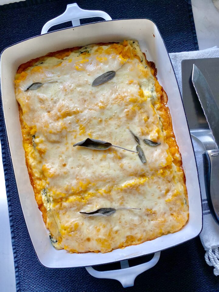 butternut squash lasagna baked in the pan