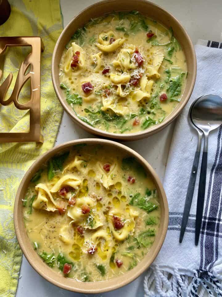 tortellini avgolemono soup in bowls