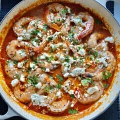 shrimp saganaki orzo in the pan