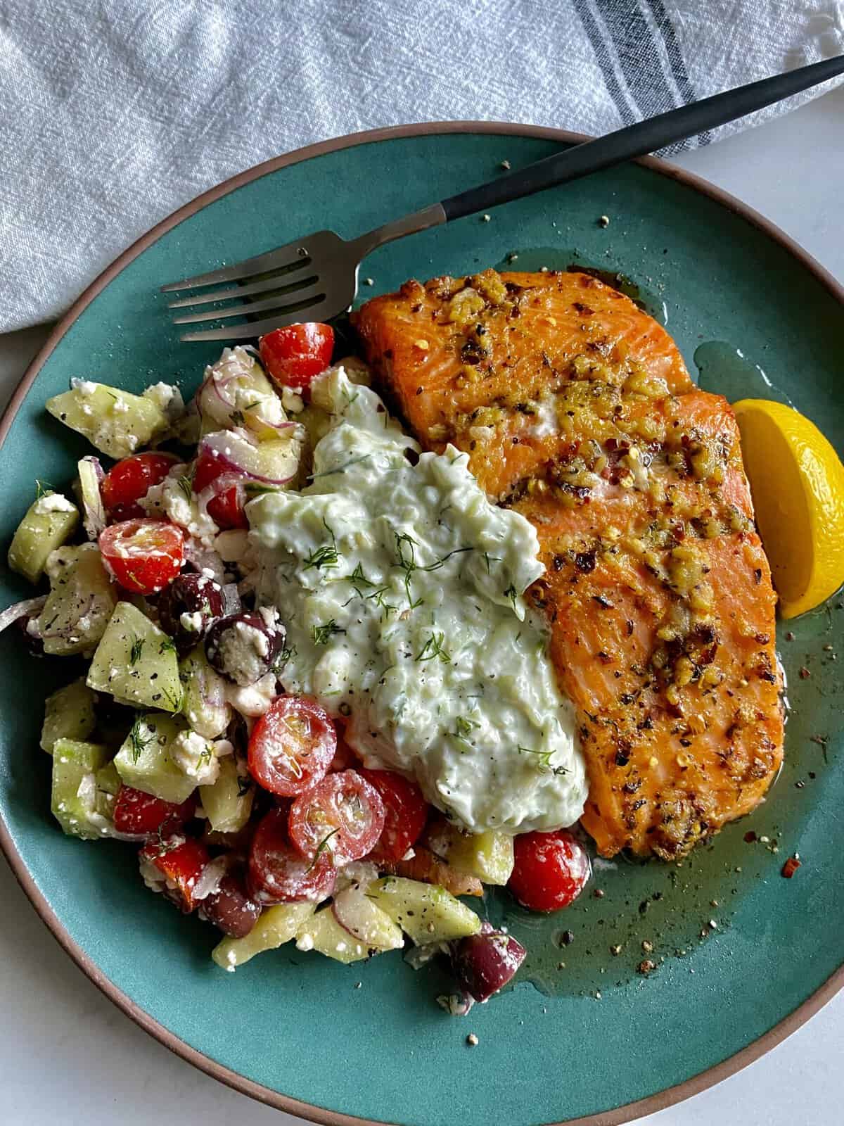 Lemon Garlic Greek Style Salmon - Hungry Happens