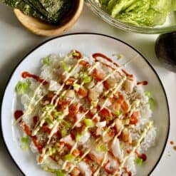 tik tok shrimp bowl with kewpie mayo and hot sauce