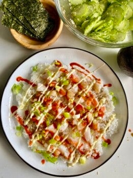tik tok shrimp bowl with kewpie mayo and hot sauce