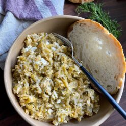 Greek cabbage rice with feta and some toasted bread