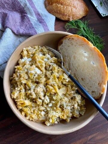 Greek cabbage rice with feta and some toasted bread