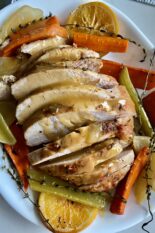 roasted turkey breast with gravy and vegetables