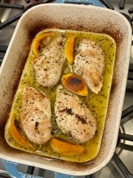 lemon garlic chicken breasts in the pan
