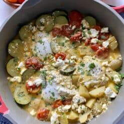 poached eggs with feta and vegetables