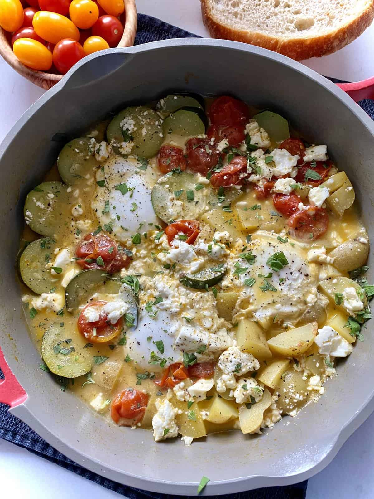 poached eggs with feta and vegetables